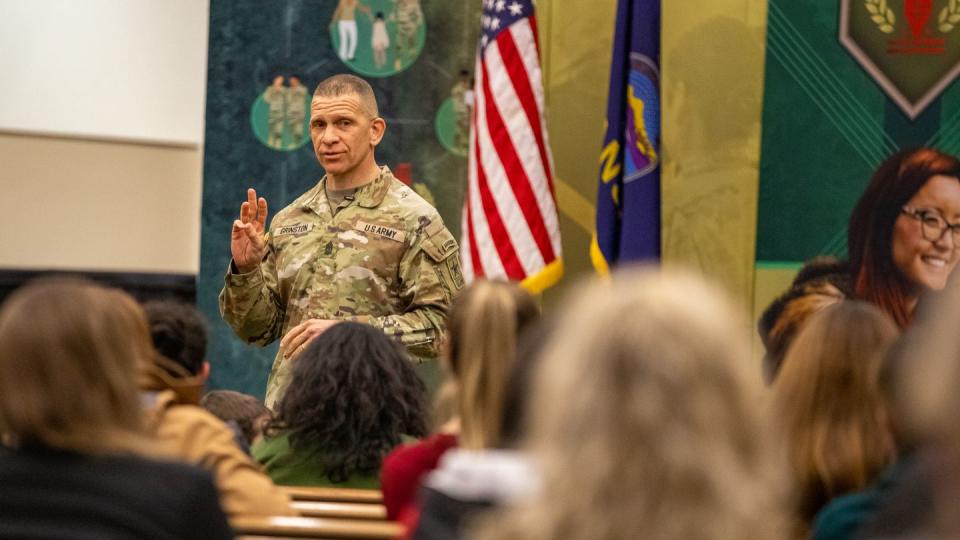 Sgt. Maj. of the Army Michael A. Grinston answers questions in Victory Chapel on Fort Riley, Kansas, March 22, 2022. (Pfc. Steven Johnson/Army)