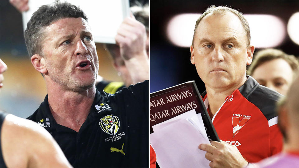 Swans coach John Longmire (pictured right) has called for AFL coaches to avoid "finger pointing" after his Richmond counterpart Damien Hardwick  (pictured left) had a crack at the Swans on the weekend. (Getty Images)