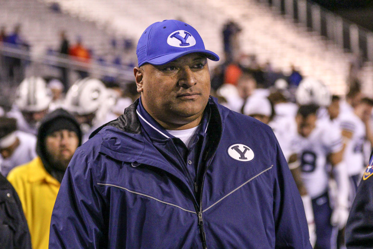 BYU coach Kalani Sitake walks off the field after a close loss to Boise State on Nov. 3, 2018. (Loren Orr/Getty Images)