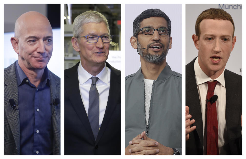 This combination of 2019-2020 photos shows Amazon CEO Jeff Bezos, Apple CEO Tim Cook, Google CEO Sundar Pichai and Facebook CEO Mark Zuckerberg. On Wednesday, July 29, 2020, the four Big Tech leaders will answer for their companies’ practices before Congress at a hearing by the House Judiciary subcommittee on antitrust.  (AP Photo/Pablo Martinez Monsivais, Evan Vucci, Jeff Chiu, Jens Meyer)