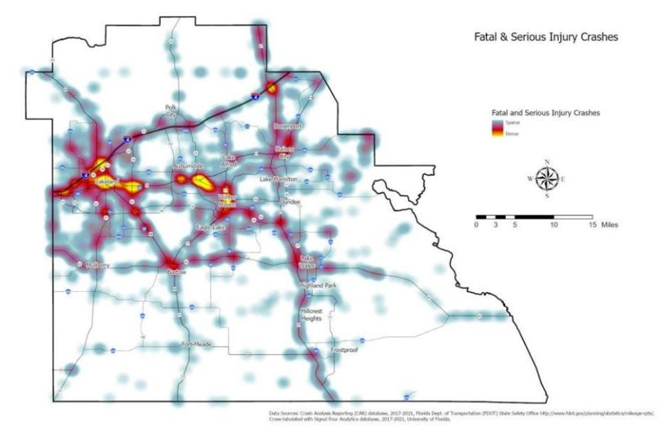 This map from Polk Transportation Planning Organization visually shows where fatal and serious motorvehicle crashes have occured from 2017 to 2021.