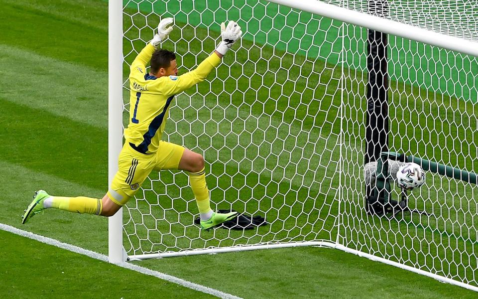 Scotland's goalkeeper David Marshall fails to safe a long distance shot by Czech Republic's Patrik Schick during the Euro 2020 soccer championship group D match between Scotland and Czech Republic at Hampden Park stadium in Glasgow, Monday, June 14 - AP