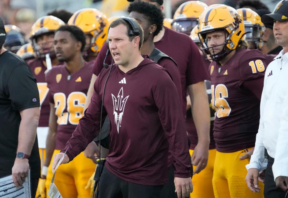 Arizona State head coach Kenny Dillingham reacts to a play during the fourth quarter against Arizona at Mountain America Stadium in Tempe on Dec. 13, 2023.