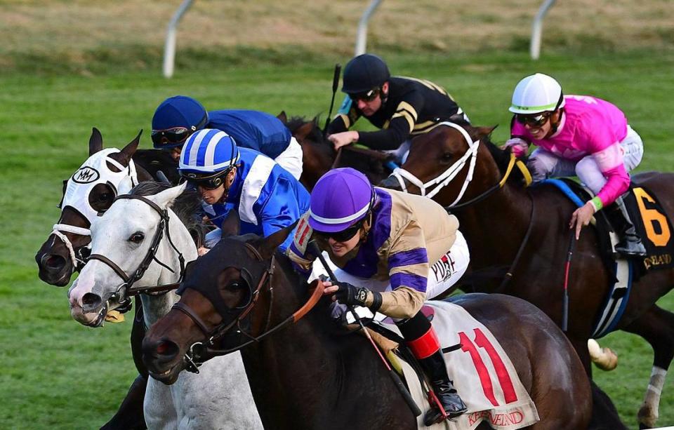 Ferrin Peterson (11) is one of 71 women jockeys registered as active members with the Jockey’s Guild in Lexington, which represents 85 percent of jockeys nationwide