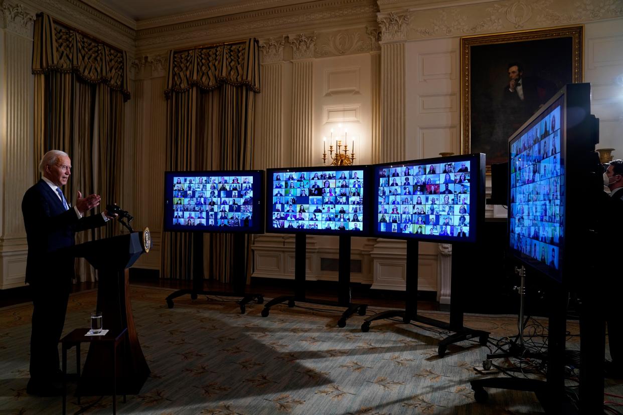 President Joe Biden speaks during a virtual swearing-in ceremony of political appointees from the State Dining Room of the White House on Wednesday, Jan. 20, 2021, in Washington.