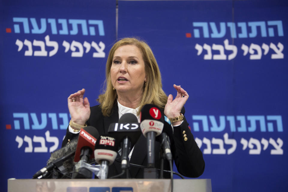 Former Israeli Foreign Minister Tzipi Livni speaks during a press conference in Tel Aviv-Yafo, Israel, Monday, Feb. 18, 2019. Livni, on Monday, announced her retirement from politics. (AP Photo/Sebastian Scheiner)