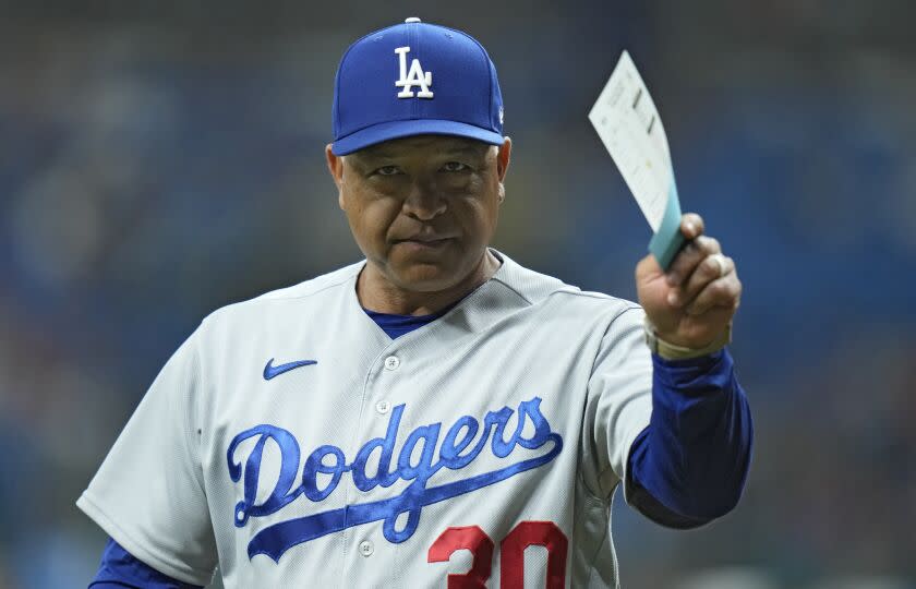 Los Angeles Dodgers manager Dave Roberts before a baseball game against the Tampa Bay Rays Friday, May 26, 2023, in St. Petersburg, Fla. (AP Photo/Chris O'Meara)