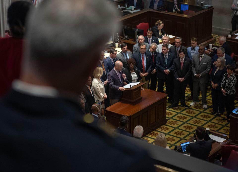 Representative Johnny Garrett presents “the James 'Dustin' Samples Act,” during the last day of session at Tennessee State Capitol Building  in Nashville , Tenn., Friday, April 21, 2023.