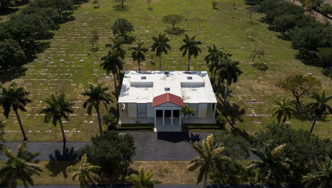 Aerial view of a mausoleum at the Sunset Memorial Gardens Cemetery on Wednesday, April 17, 2024, in Fort Lauderdale, Florida.
