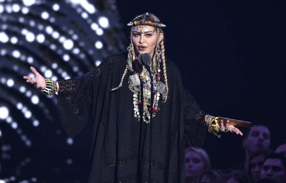Madonna presents a tribute to Aretha Franklin at the MTV Video Music Awards at Radio City Music Hall on Monday, Aug. 20, 2018, in New York. (Credit: Chris Pizzello/Invision/AP)