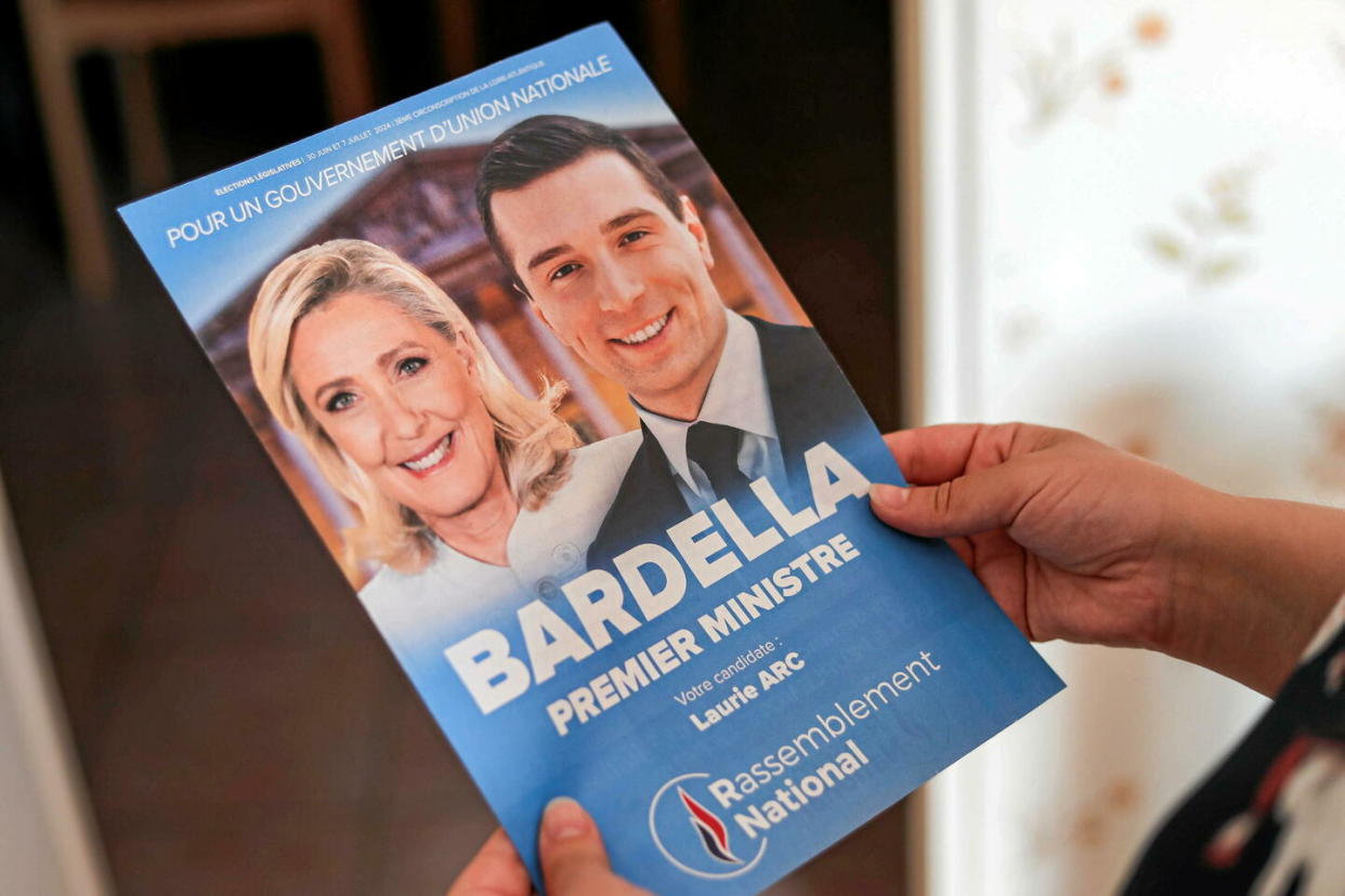 Jordan Bardella et Marine Le Pen sur une affiche du Rassemblement national pour les élections législatives du 30 juin 2024.  - Credit:Adil Benayache/Sipa