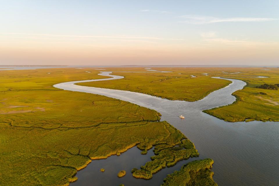 Georgia's Golden Isles at Sunset with Saint Simons and Jekyll Islands in the distance,