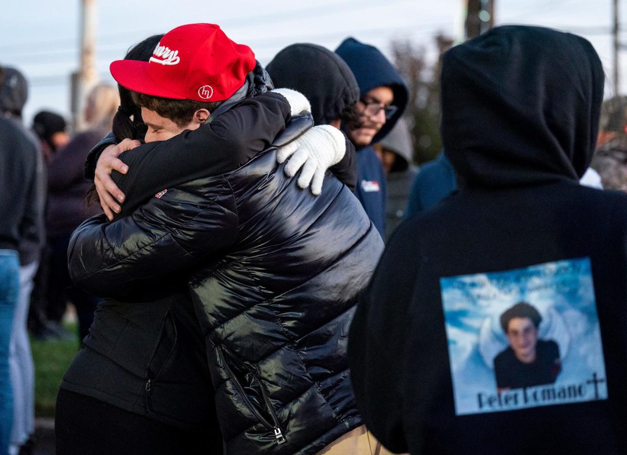 Family and friends of Peter Romano, the 14 year-old who was fatally shot on Halloween, hold a vigil for him at 2636 Bristol Pike in Bensalem on Thursday, Nov. 2, 2023.

[Daniella Heminghaus | Bucks County Courier Times]