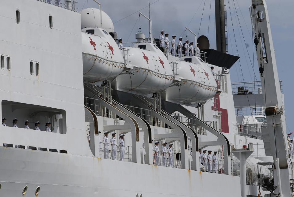 Chinese navy hospital ship "The Peace Ark" arrives at the port in La Guaira, Venezuela, Saturday, Sept. 22, 2018. The stop by the People's Liberation Army Navy's ship is the latest in an 11-nation "Mission Harmony" tour and will provide free medical treatment for Venezuelans. (AP Photo/Ariana Cubillos)