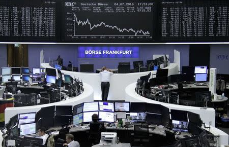 Traders work at their desks in front of the German share price index, DAX board, at the stock exchange in Frankfurt, Germany, July 4, 2016. REUTERS/Staff/Remote