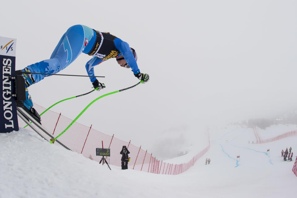 Tina Maze of Slovenia starts a training run for the women's alpine skiing World Cup downhill race in Crans-Montana, Switzerland, Thursday, Feb. 27, 2014. (AP Photo/Keystone, Jean-Christophe Bott)