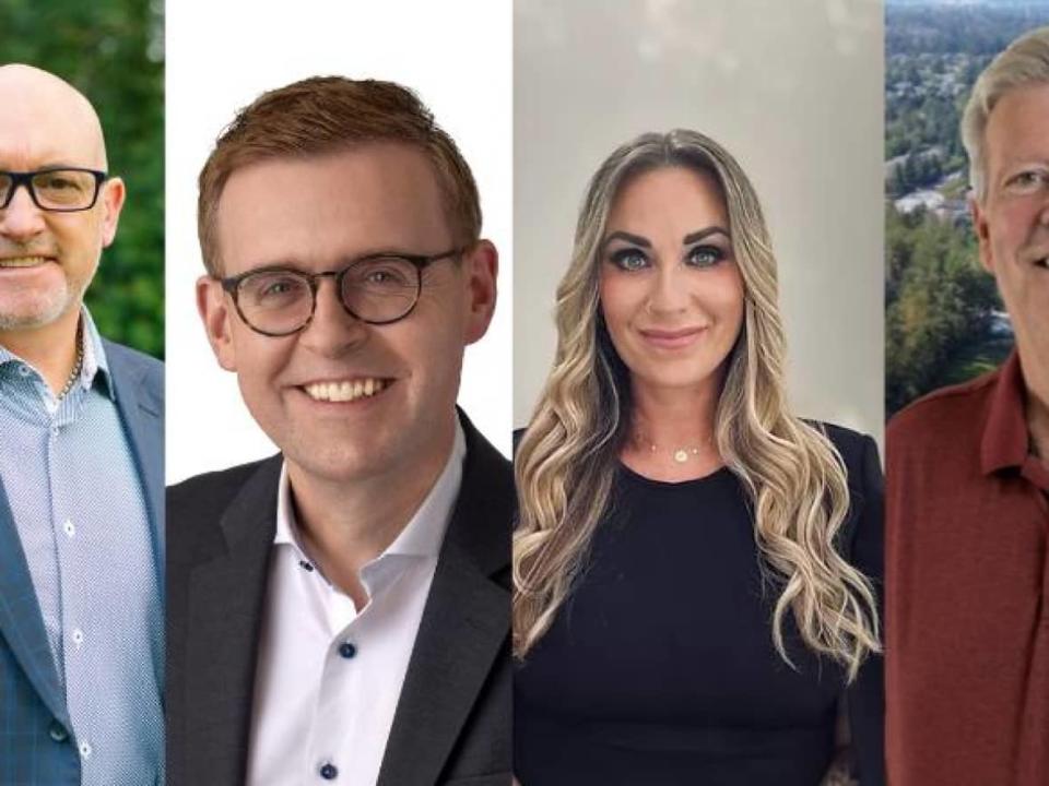 The four candidates running for mayor of the Township of Langley in the Oct. 15 municipal election are, from left to right, Blair Whitmarsh, Eric Woodward, Michelle Sparrow and Rich Coleman. (Submitted by the candidates - image credit)