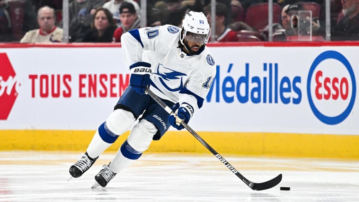 <div>MONTREAL, CANADA - APRIL 04: Anthony Duclair #10 of the Tampa Bay Lightning skates the puck during the third period against the Montreal Canadiens at the Bell Centre on April 4, 2024 in Montreal, Quebec, Canada. The Tampa Bay Lightning defeated the Montreal Canadiens 7-4. (Photo by Minas Panagiotakis/Getty Images)</div>