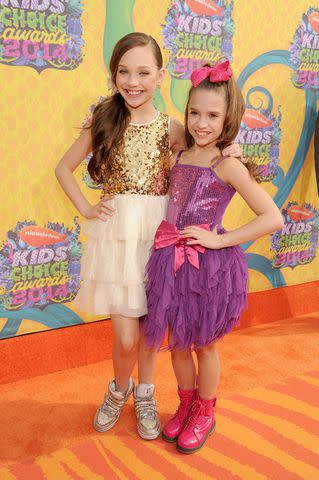 <p>Kevin Mazur/WireImage</p> Maddie and Mackenzie Ziegler at the Nickelodeon Kids' Choice Awards in 2014.