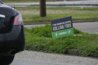 A small sign is seen on a street corner in Rolling Fork, Miss., on March 22, 2024. The town of Rolling Fork has struggled to rebuild after a devastating tornado struck last year. Buildings throughout town remain boarded up, and the remnants of destroyed properties dot the landscape. The tornado killed 14 residents and reduced the town to rubble as it charted a merciless path across one of the country’s poorest regions. (AP Photo/Rogelio V. Solis)