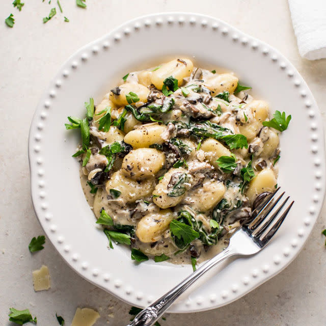 <p>There are a few great things about this creamy comfort dish: It only takes one pan, can be made in under 30 minutes, and - most importantly - it tastes really, really good.</p><p><strong>Get the recipe at <a rel="nofollow noopener" href="https://www.saltandlavender.com/creamy-mushroom-spinach-gnocchi/" target="_blank" data-ylk="slk:Salt & Lavender;elm:context_link;itc:0;sec:content-canvas" class="link ">Salt & Lavender</a>.</strong></p><p><strong>RELATED: <a rel="nofollow noopener" href="http://www.redbookmag.com/food-recipes/g4152/healthy-dinner-recipes/" target="_blank" data-ylk="slk:10 Healthy Dinner Recipes to Add to Your Weekly Routine;elm:context_link;itc:0;sec:content-canvas" class="link ">10 Healthy Dinner Recipes to Add to Your Weekly Routine</a></strong></p>