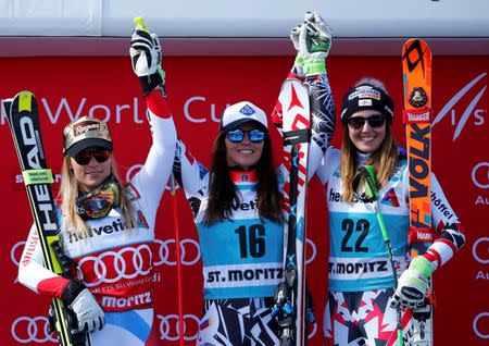 Alpine Skiing - Alpine Skiing World Cup - Women's Super-G race - St. Moritz, Switzerland - 17/3/16 - Lara Gut of Switzerland, Tina Weirather of Liechtenstein and Cornelia Huetter of Austria react REUTERS/Arnd Wiegmann