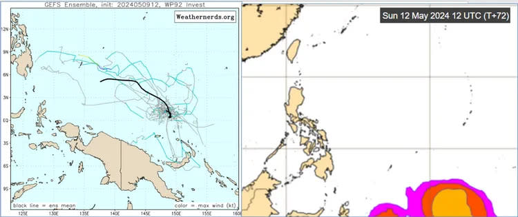 最新（9日20時）美國系集模式（GEFS）模擬圖顯示，下週菲律賓東方海面有熱帶擾動發展，但機率有降低跡象（左）；最新（12日20時）歐洲系集模式（ECMWF）模擬圖顯示，熱帶擾動發展機率亦有類似調整（右）。翻攝氣象應用推廣基金會、擷自weathernerds，ECMWF