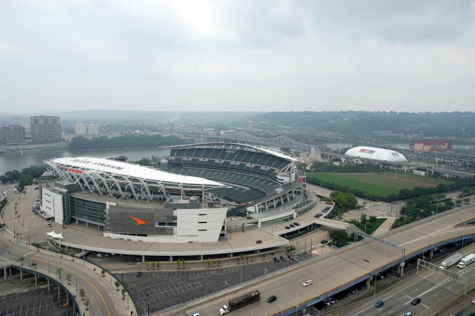 View of Paycor Stadium as the stage for the Taylor Swift concert is set up on the field,Tuesday, June 27, 2023, in Downtown Cincinnati. 