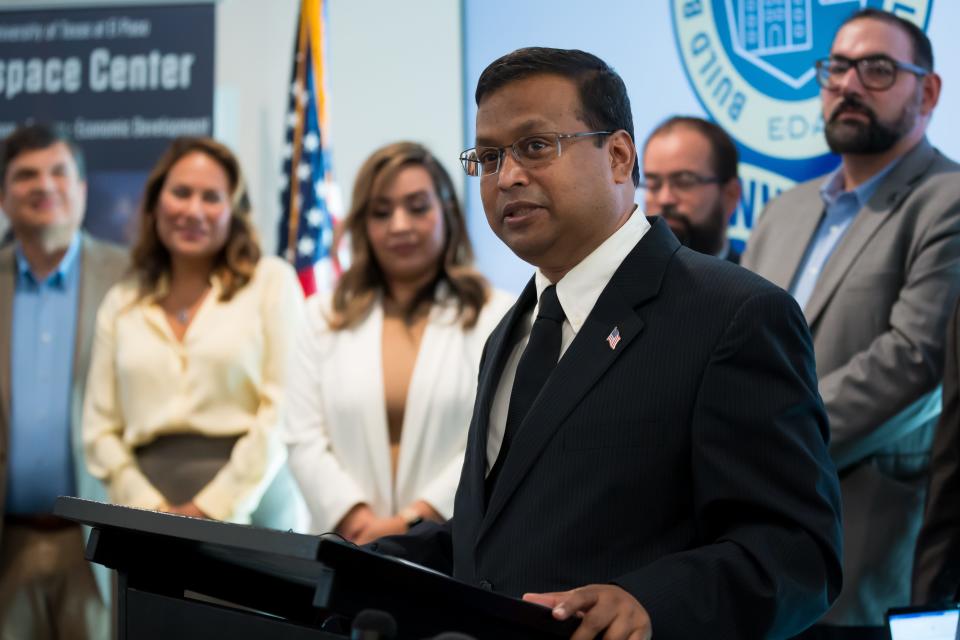Ahsan Choudhuri, associate vice president and director of the UTEP Aerospace Center, speaks at a news conference held by U.S. Rep. Veronica Escobar, D-El Paso, on Friday at Downtown's Blue Flame Building to announce that a UTEP-led coalition won a $40 million grant to grow aerospace and defense manufacturing in the region.