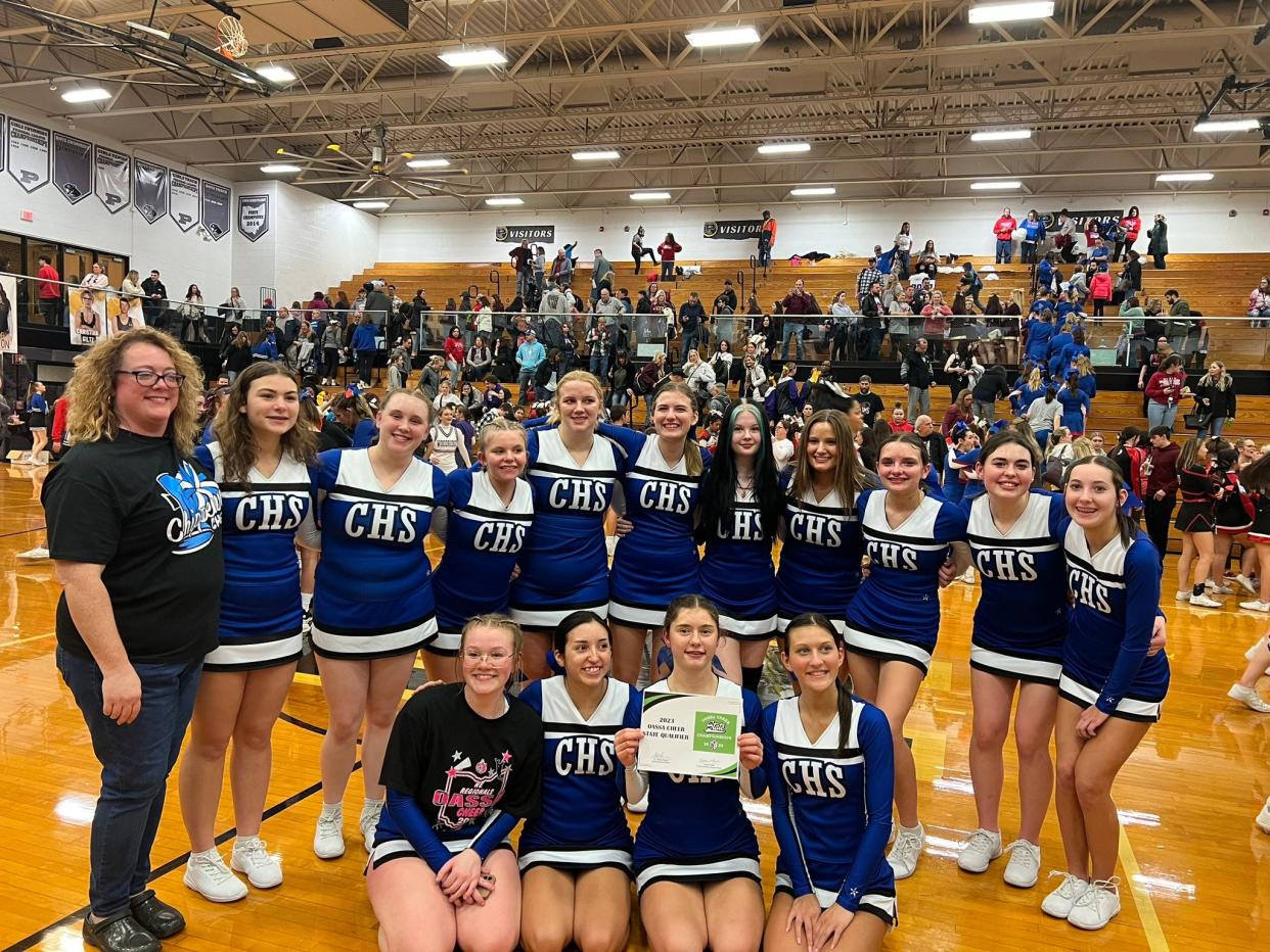 State-bound Chippewa Cheerleading squad: Top row (L-R) Coach Michelle Ries, Abby Browning, Madison Ries, Ellie Miller, Emily Baxter, Ashleigh Starkey, Summer Robertson, Maggie Leporis, Ivy Shearer, Kaycee Gabor, and Kendyll Underwood. Bottom Row (L-R) Cameron Reynolds, Robin Jolly, Ricki Reed, and Kaidy Funk.