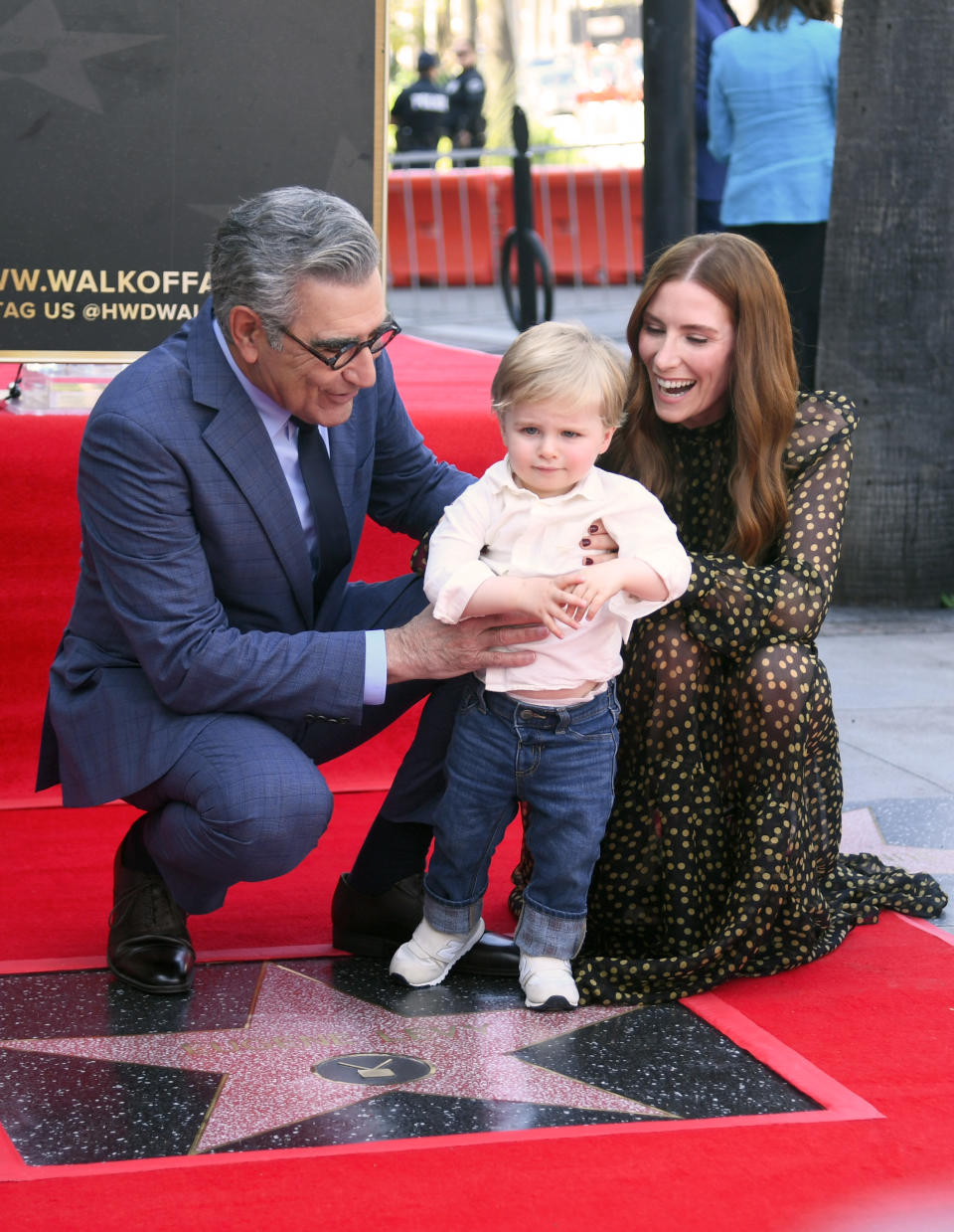 HOLLYWOOD, CALIFORNIA - MARCH 08: (L-R) Eugene Levy and Sarah Levy with son James attends the ceremony honoring Eugene Levy with a Star on the Hollywood Walk of Fame on March 08, 2024 in Hollywood, California. (Photo by Alberto E. Rodriguez/Getty Images)