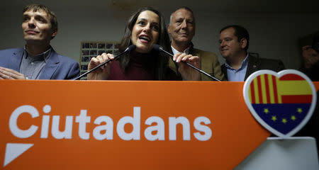 Ciudiadanos party leader in Catalonia, Ines Arrimadas, gives a speech at a neighborhood residents association during a campaign stop in Figueres, Spain, December 15, 2017. REUTERS/Albert Gea