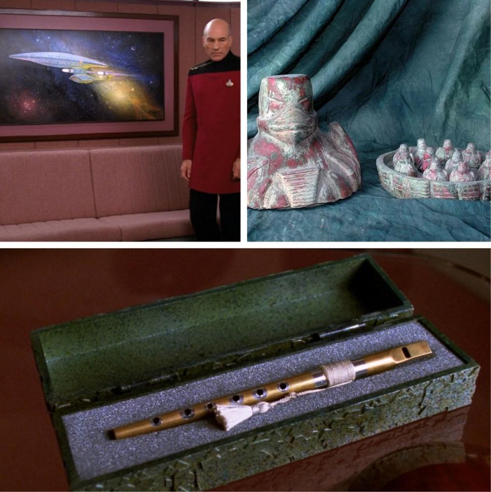 The Enterprise-D painting in Picard's Ready Room, an ancient artifact that once belonged to his academy professor, and his Ressikan flute, all items in his office in Star Trek: Picard season three.