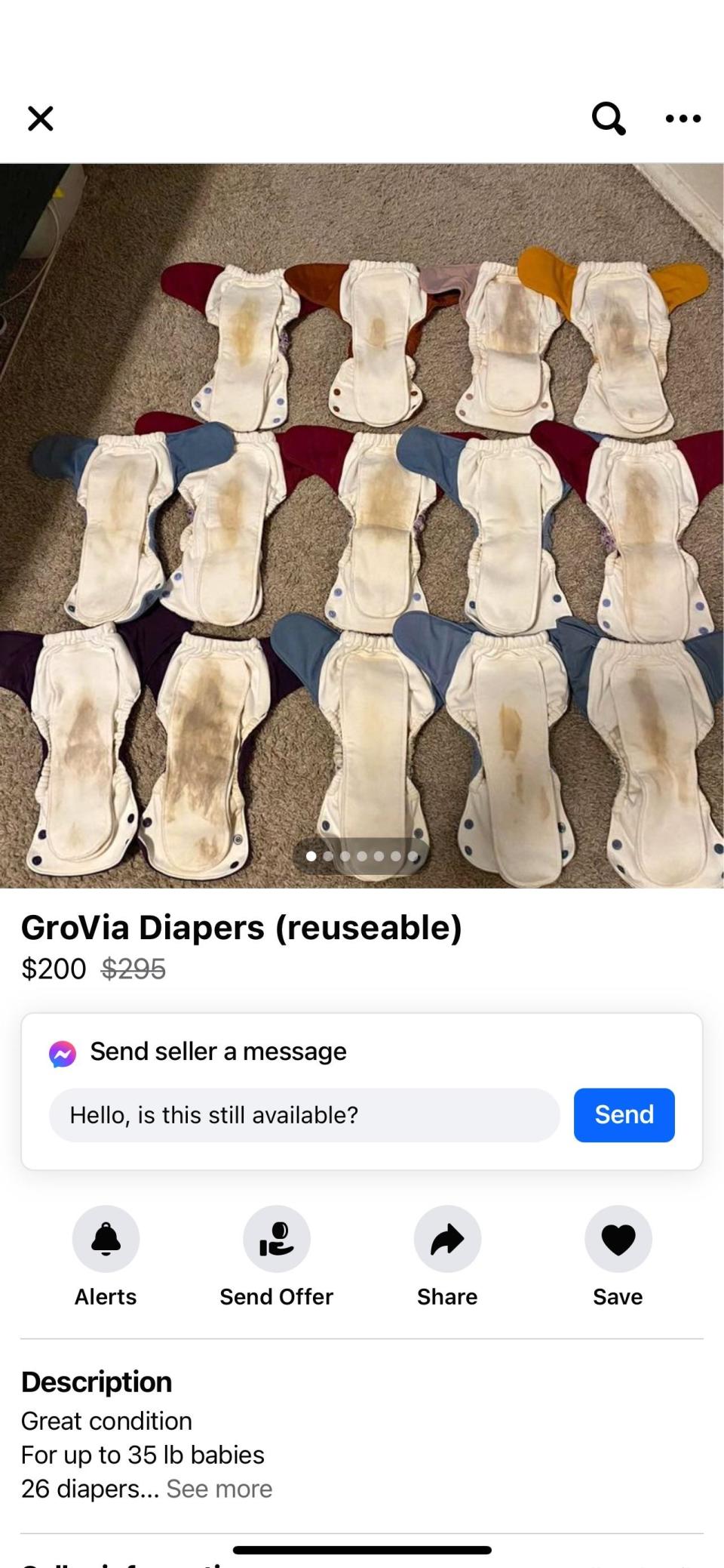 Reusable GroVia diapers in different fabric types are displayed in rows. Price is $200, originally $295. Description reads: "Great condition. For up to 35 lb babies. 26 diapers."