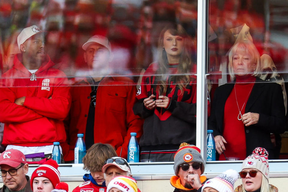 Taylor Swift reacts during the game between the Buffalo Bills and the Kansas City Chiefs at GEHA Field at Arrowhead Stadium on December 10, 2023 in Kansas City, Missouri.