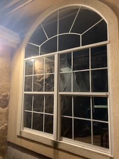Woodcreek North by Jacob’s Well Hays County. Damage to a window from a hail storm on May 9, 2024. (Courtesy: Bonny Krahn)
