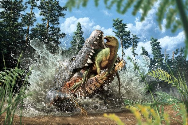 Artist's reconstruction of Confractosuchus devouring a juvenile ornithopod.