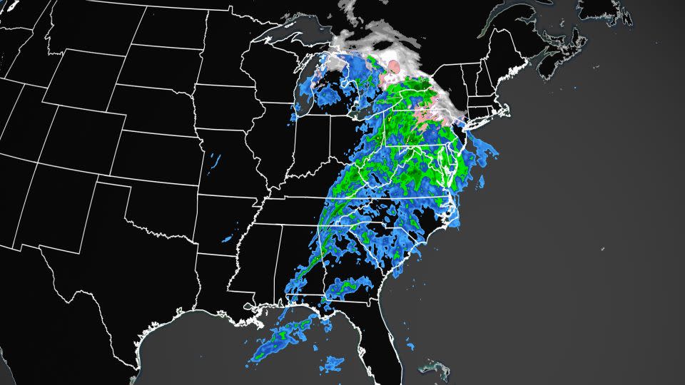 Weather radar shows a wide-reaching storm  bringing rain (blue and green) and wintry mix (pink) to the eastern US on Tuesday afternoon. - CNN Weather