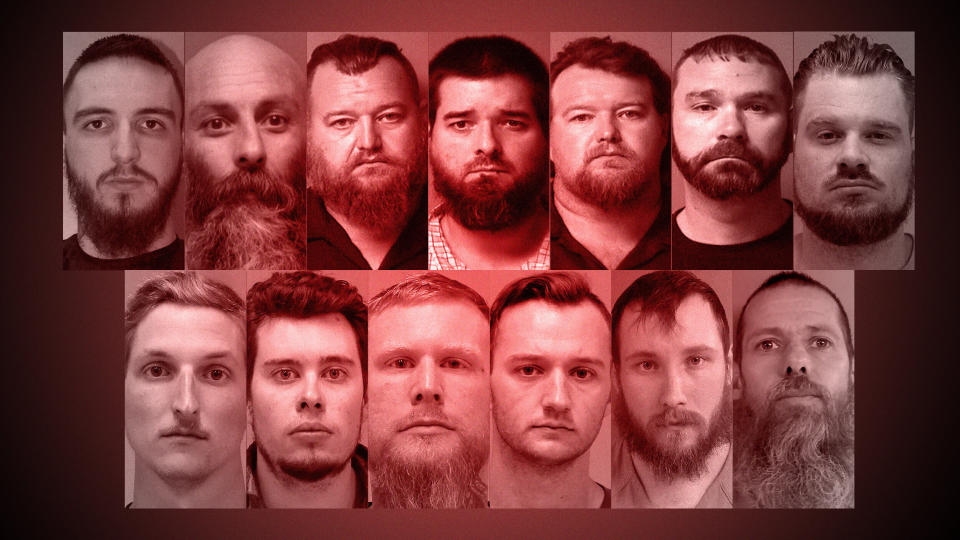 Mugshots of the 13 men belonging to paramilitary groups who were arrested last week related to a plot to kidnap Michigan Gov. Gretchen Whitmer, a Democrat. (Photo: HuffPost Illustration/Police Handouts)