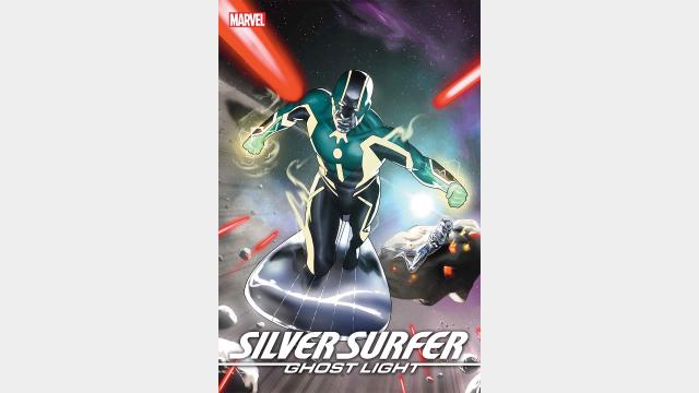 Silver Surfer on his board under fire
