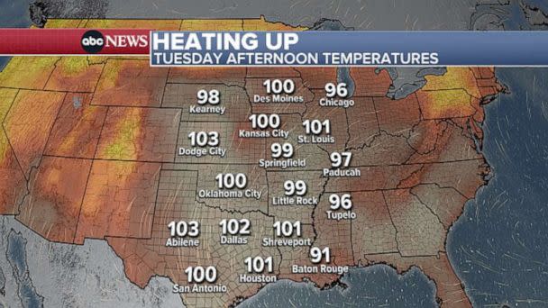 PHOTO: A July 4, 2022 map indicates temperatures rising on Tuesday afteroon. (ABC News)