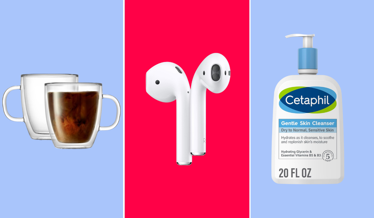JoyJolt coffee mugs, Apple AirPods and the Cetaphil face wash on a colorful background. 