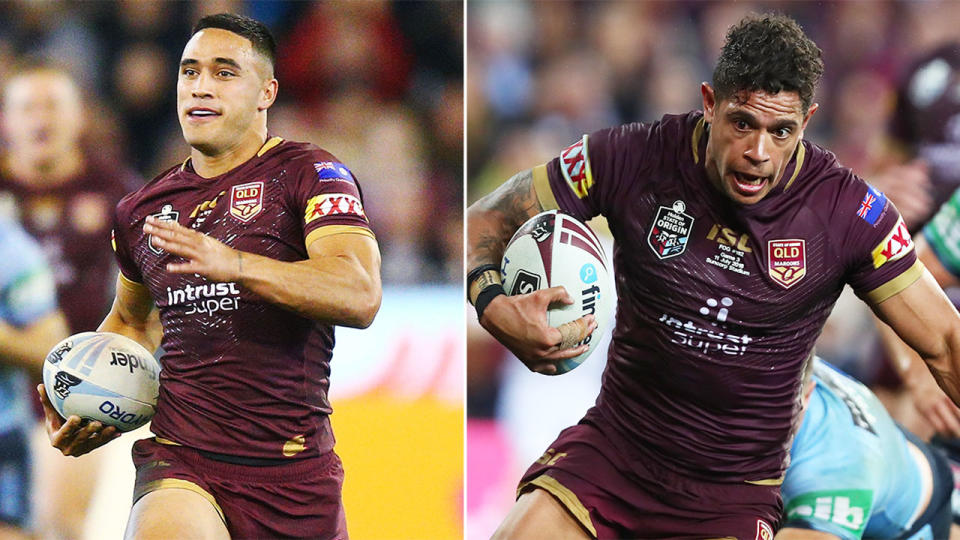 Pictured here, Maroons try-scoring machines Valentine Holmes and Dane Gagai.