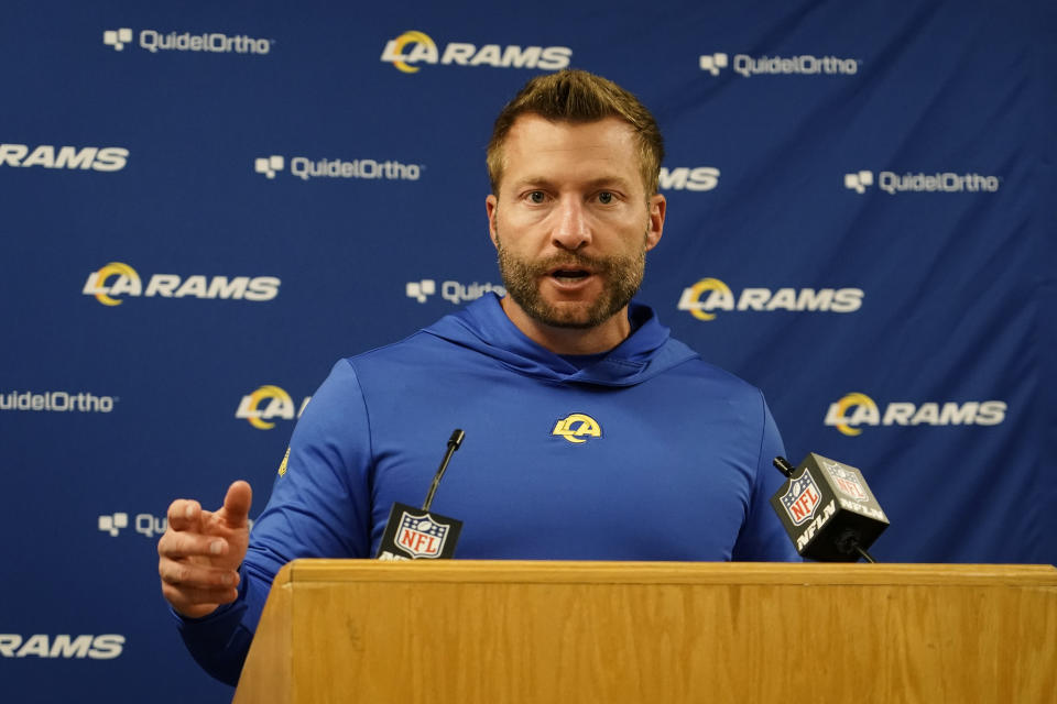 Los Angeles Rams head coach Sean McVay answers questions during a press conference after an NFL football game against the Green Bay Packers, Sunday, Nov. 5, 2023, in Green Bay, Wis. The Packers won 20-3. (AP Photo/Morry Gash)