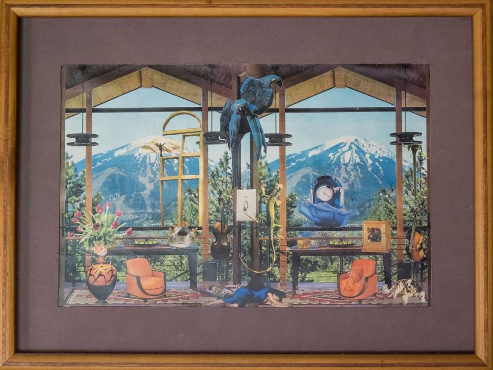 “The Mountains,” a collage created by Gary Harrell in about 1998, hangs in the artist’s home Wednesday, May 10, 2023, in south Sacramento. Harrell, who was released in 2020 from San Quentin State Prison, began doing art while serving a life sentence after a jury found him guilty of first-degree murder in 1978.