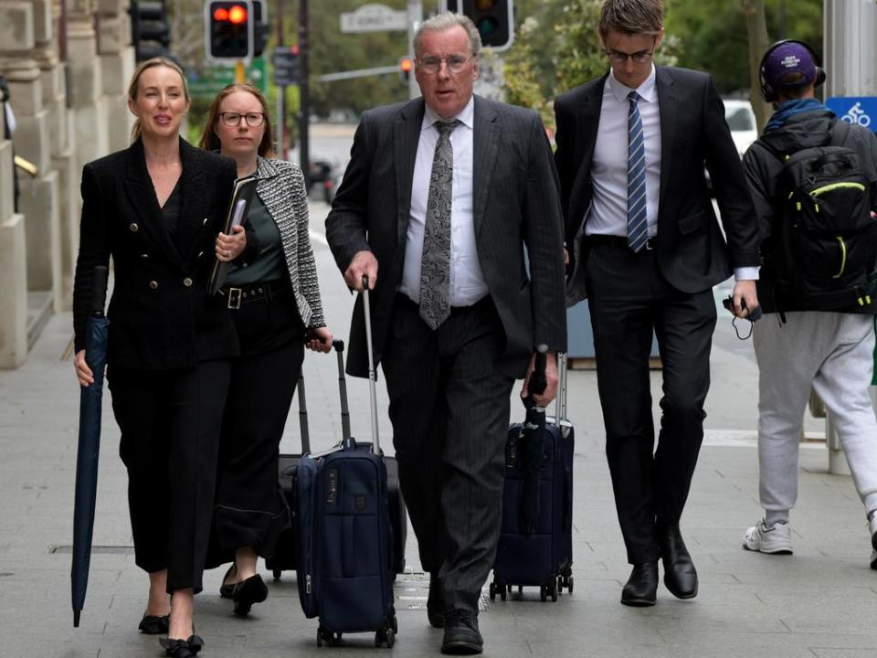 Lawyer Martin Bennett (centre), representing Linda Reynolds, arriving at the WA Supreme Court on Tuesday. Picture: NCA NewsWire / Sharon Smith