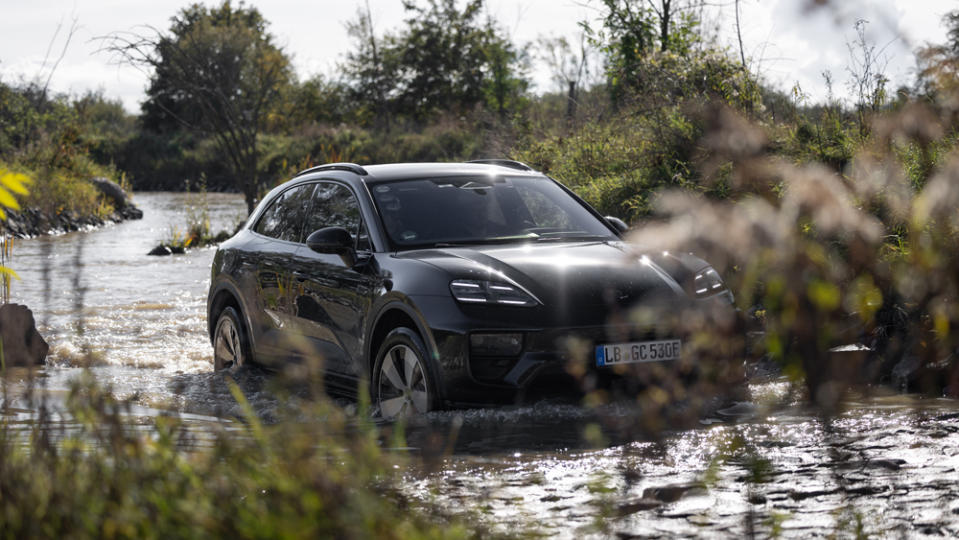 The 2024 Porsche Macan 4S prototype EV, with height-adjustable air suspension, is put through its off-road paces.