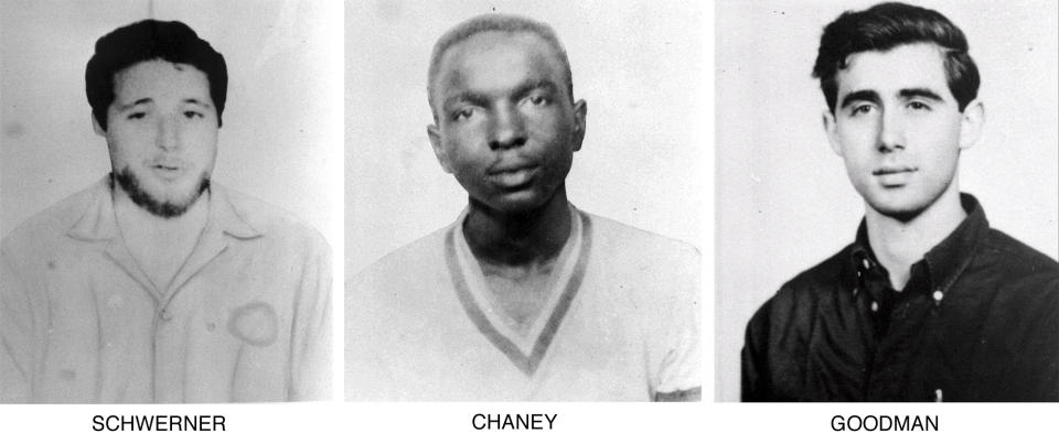 FILE - In this image provided by the FBI civil rights workers, from left, Michael Schwerner, 24, of New York, James Cheney, 21, from Mississippi, and Andrew Goodman, 20, of New York, who disappeared near Philadelphia, Miss., June 21, 1964. Stephen Schwerner doesn't remember how he learned that his younger brother Michael, nicknamed Mickey, was missing in Mississippi along with colleagues Andrew Goodman and James Chaney. What he remembers is that as soon as the family heard the news, they were certain of their fate: "We were sure they were killed," he says. It was the summer of 1964, an era marked by murders, beatings, disappearances and church bombings amid the struggle for voting rights and the fight against segregation. (AP Photo/FBI, File)