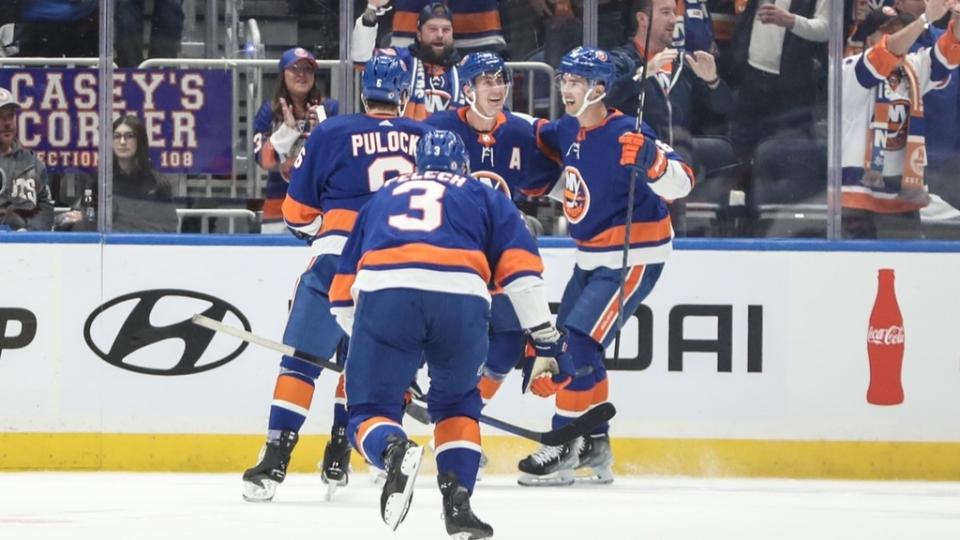 Oct 14, 2023; Elmont, New York, USA; New York Islanders center Brock Nelson (29) celebrates with his teammates after scoring a goal in the first period against the Buffalo Sabres at UBS Arena.