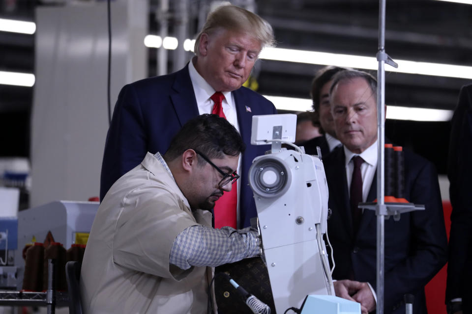President Donald Trump tours the Louis Vuitton Workshop Rochambeau in Alvarado, Texas, Thursday, Oct. 17, 2019. (AP Photo/Andrew Harnik)